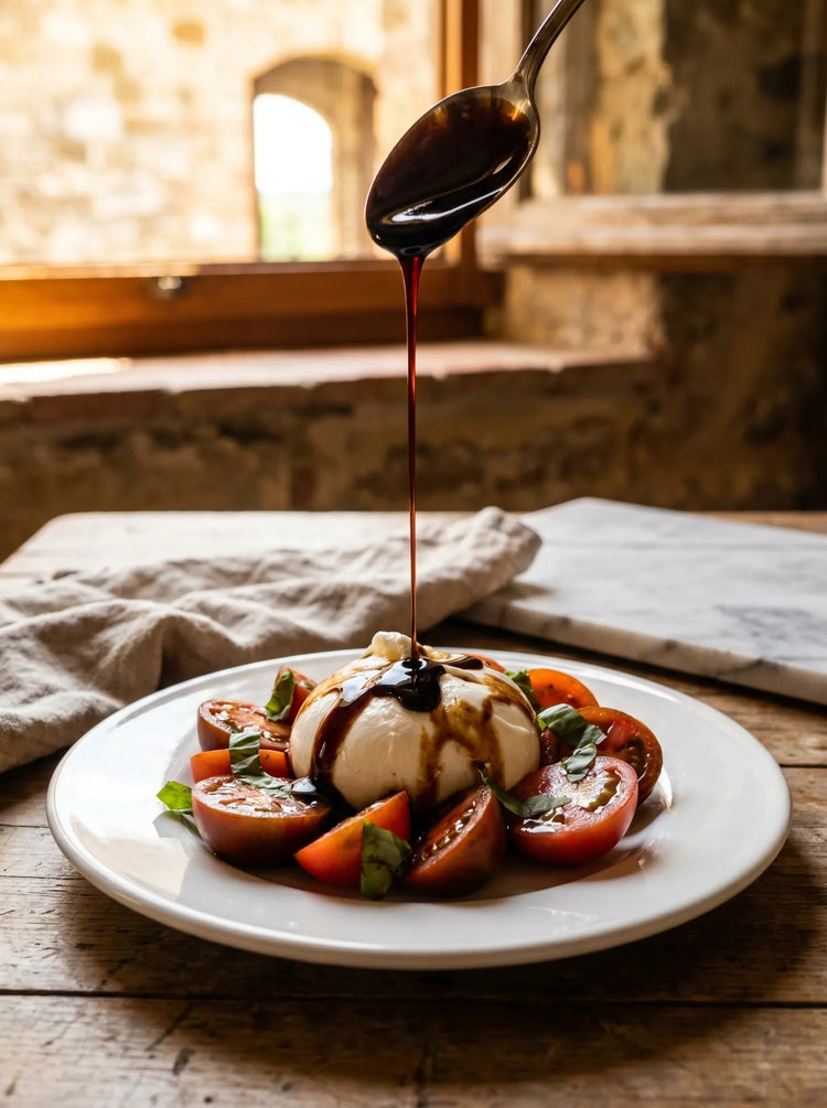 A glossy ribbon of dark balsamic glaze drizzled over a fresh burrata caprese