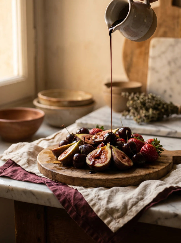 Aged balsamic vinegar drizzling over halved fresh figs, dark cherries and strawberries on a round wood board
