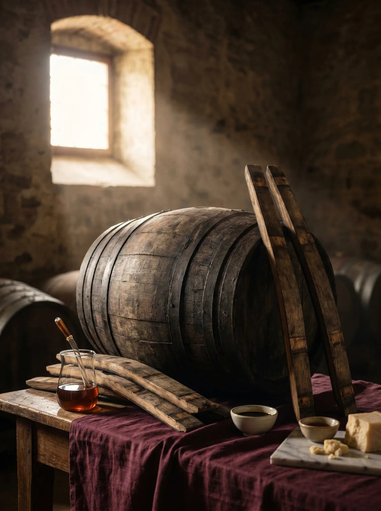 An oak balsamic-aging barrel and weathered cask staves in a warm, dim Modena cellar
