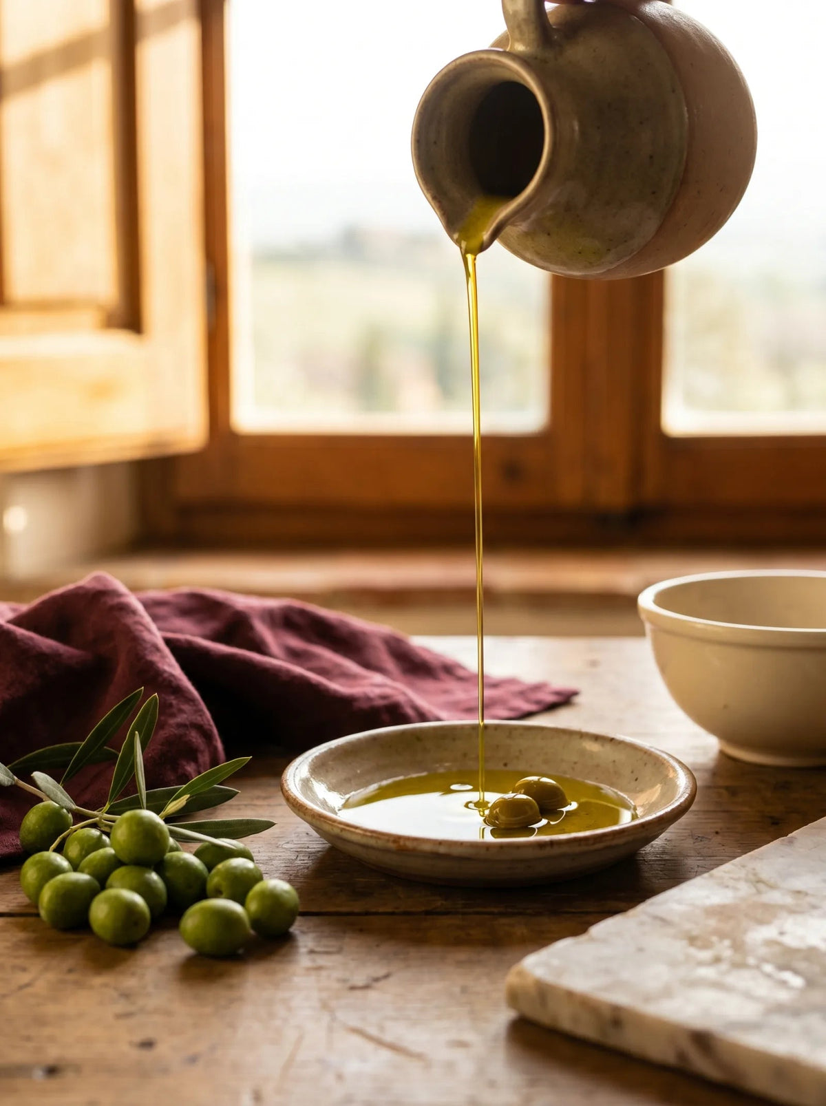 Golden-green extra-virgin olive oil pouring into a shallow dish beside fresh green olives, warm window light