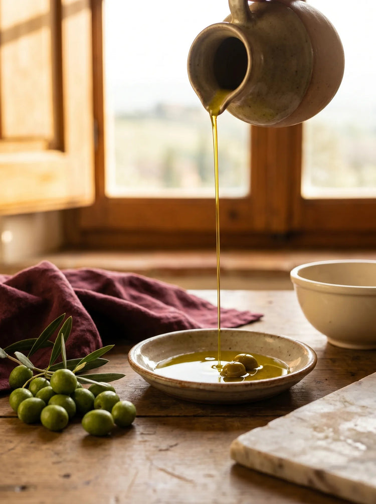Golden-green extra-virgin olive oil pouring into a shallow dish beside fresh green olives, warm window light