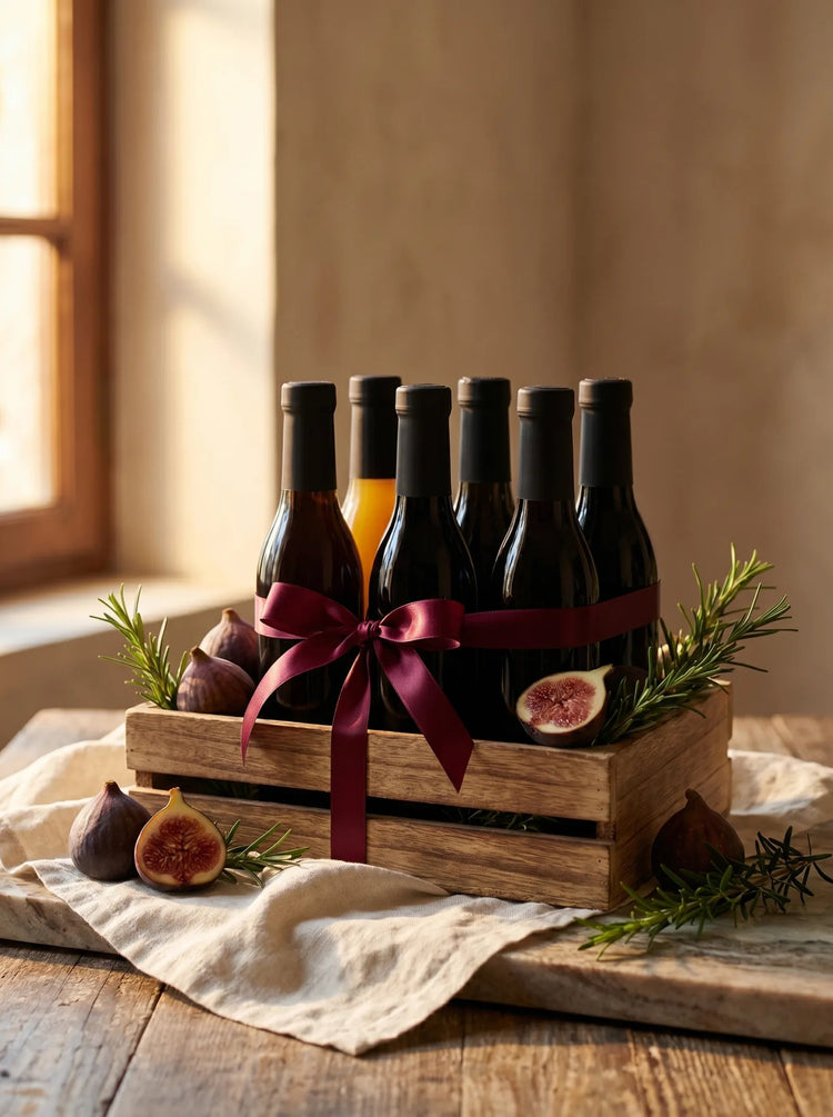 A wooden crate of JD Gourmet bottles tied with a burgundy ribbon, styled gift-ready with figs and rosemary