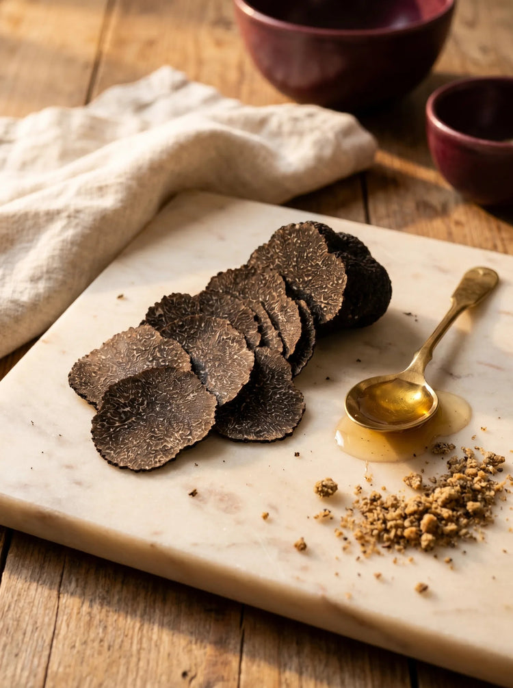 Thin black truffle shavings fanned across a marble slab with a small spoon of honey