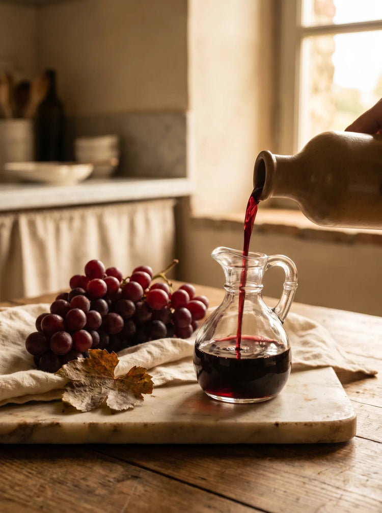 Deep-red wine vinegar pouring into a glass cruet beside a cluster of red wine grapes