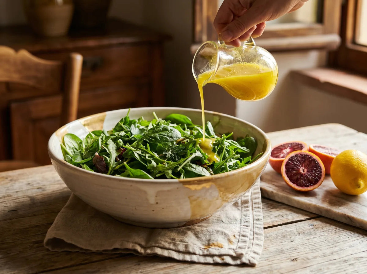 A fresh green salad dressed with a bright citrus vinaigrette poured from a glass cruet, blood oranges beside it