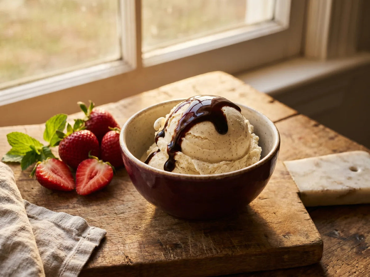 A scoop of vanilla-bean ice cream with a ribbon of dark balsamic glaze, fresh strawberries and mint