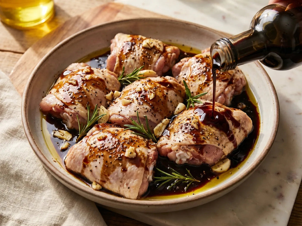 Balsamic-glazed bone-in chicken thighs in a rustic bowl with herbs