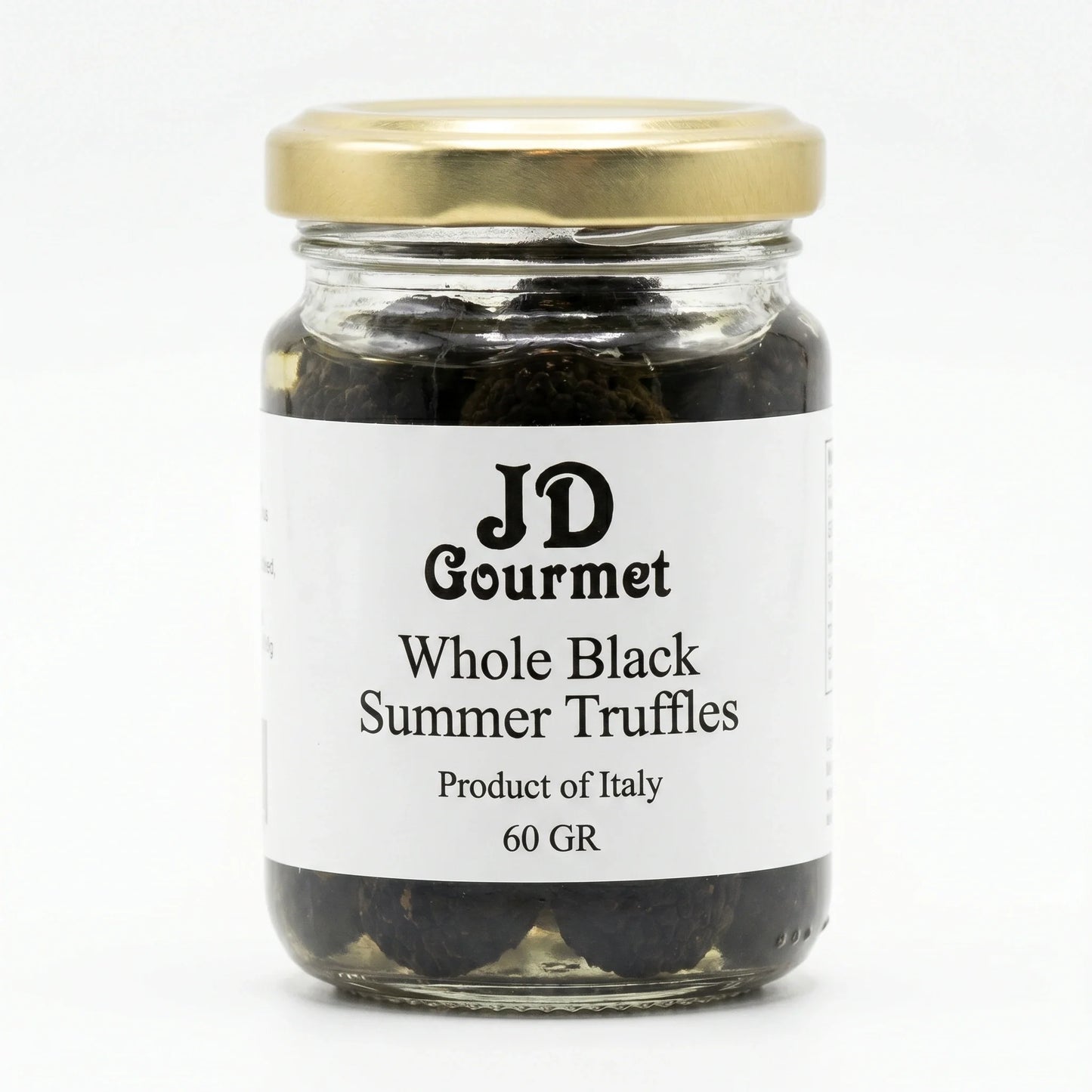 Jar of JD Gourmet Whole Black Summer Truffles preserved in juice with a gold lid
