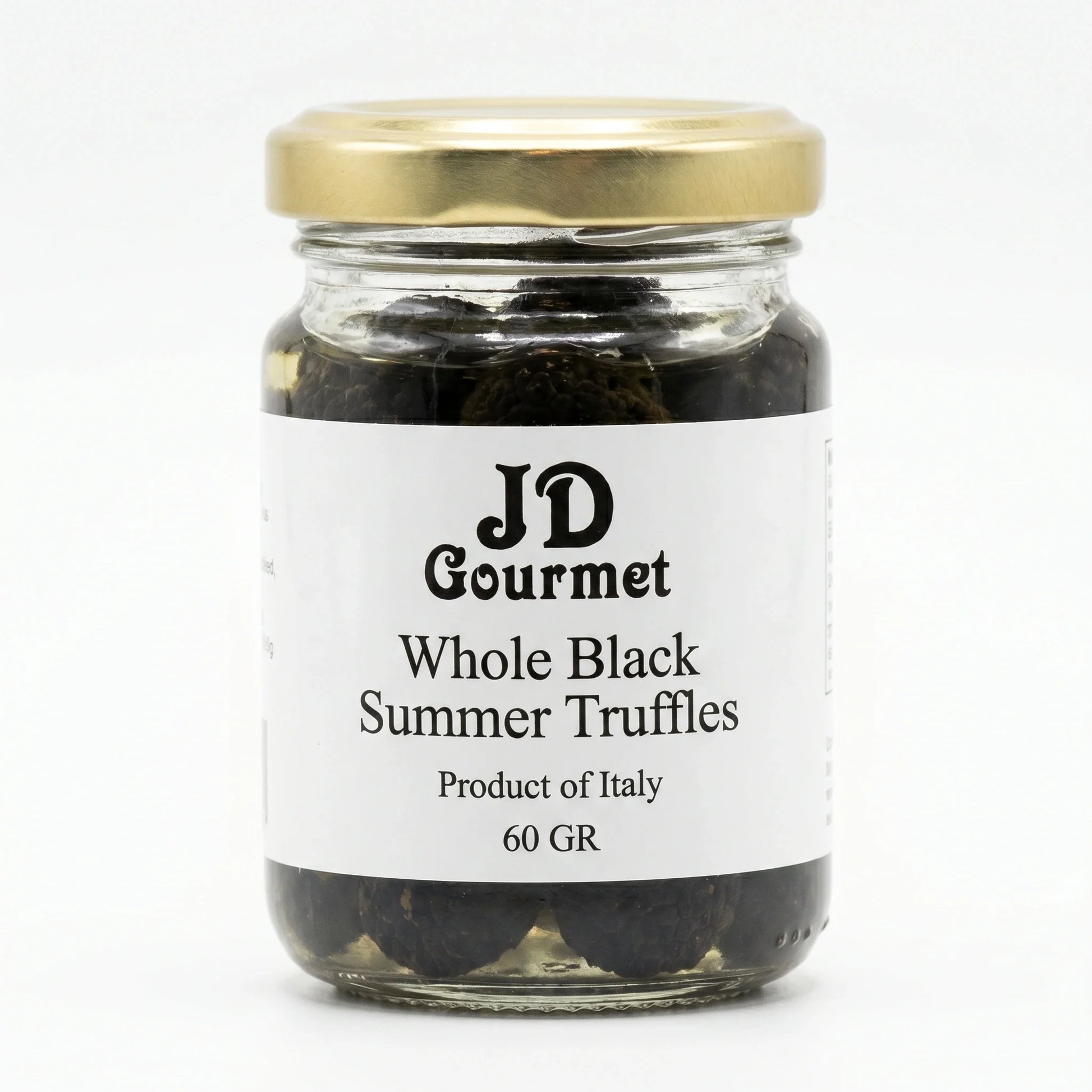 Jar of JD Gourmet Whole Black Summer Truffles preserved in juice with a gold lid