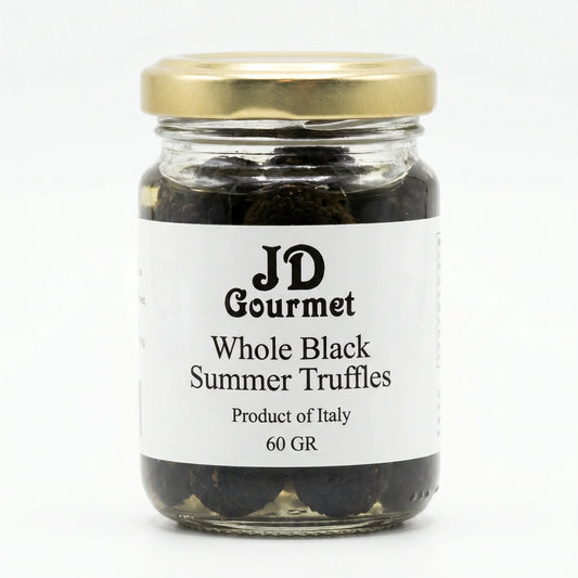 Jar of JD Gourmet Whole Black Summer Truffles preserved in juice with a gold lid