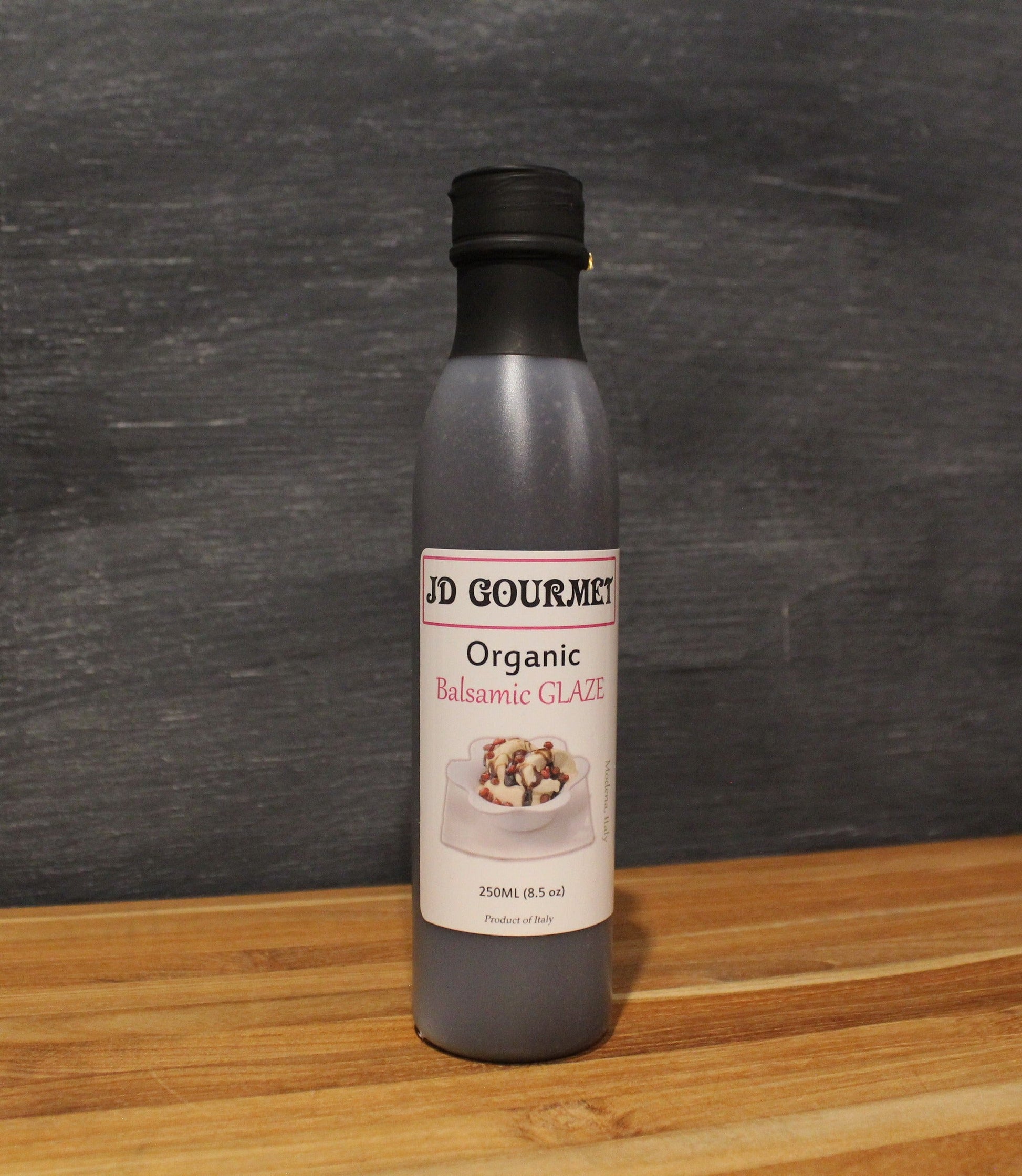 JD Gourmet Traditional Organic Balsamic Glaze bottle, thick dark balsamic reduction for drizzling