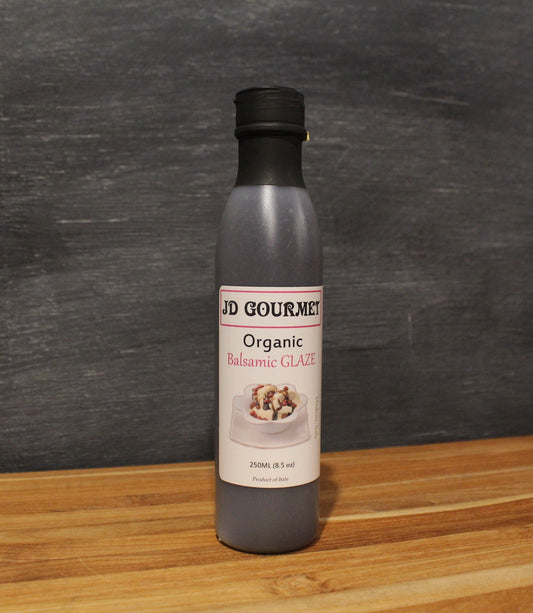 JD Gourmet Traditional Organic Balsamic Glaze bottle, thick dark balsamic reduction for drizzling