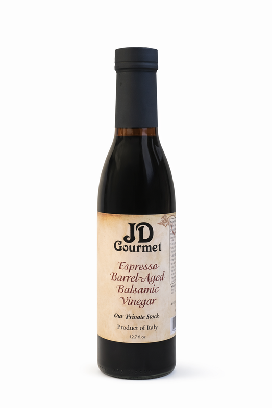 Bottle of JD Gourmet Espresso Balsamic Vinegar, a dark coffee-infused balsamic vinegar