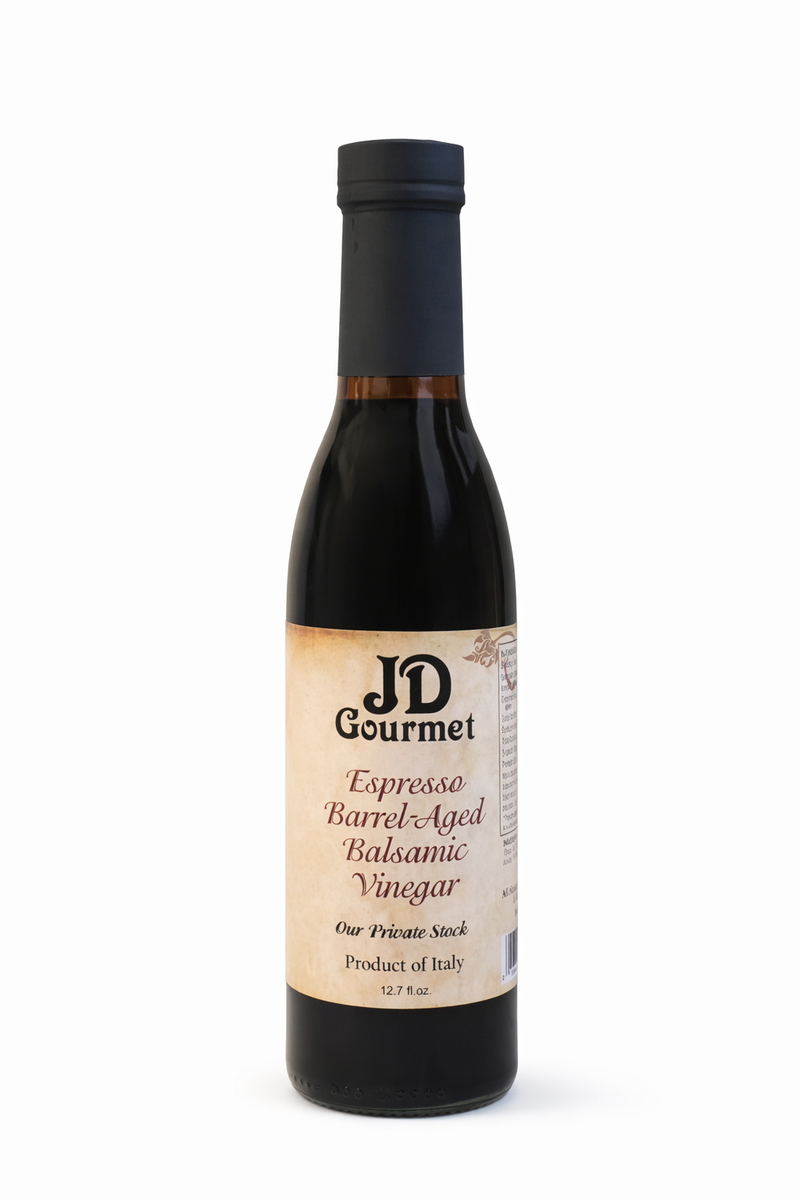 Bottle of JD Gourmet Espresso Balsamic Vinegar, a dark coffee-infused balsamic vinegar