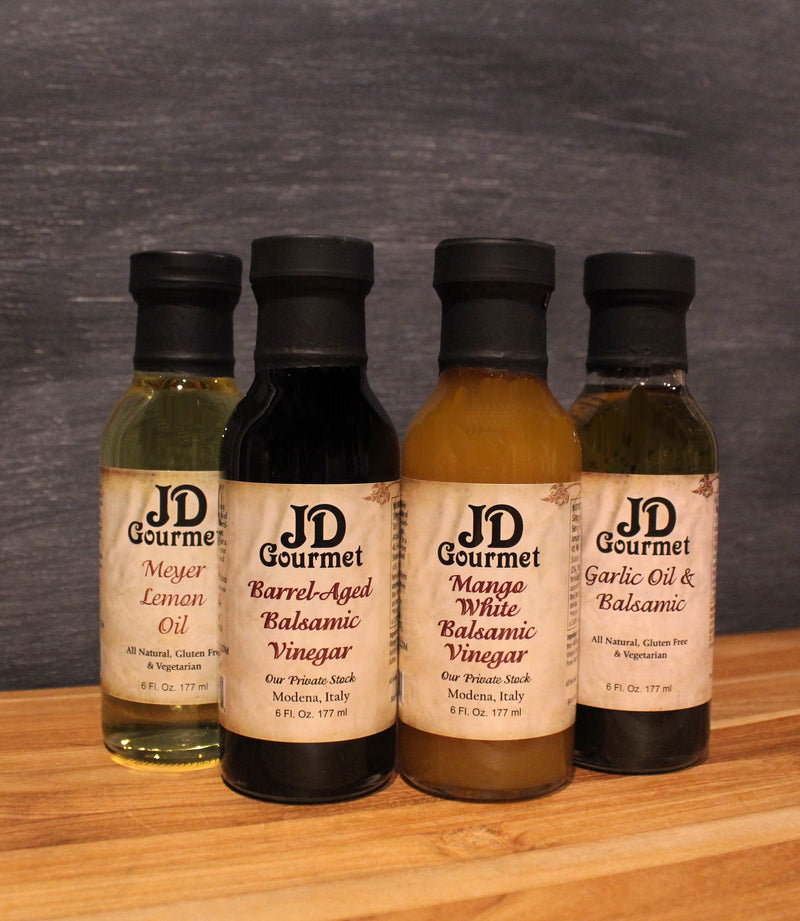 JD Gourmet Four Pack Sampler — four 6oz bottles of balsamic vinegar and infused olive oil in a gift set