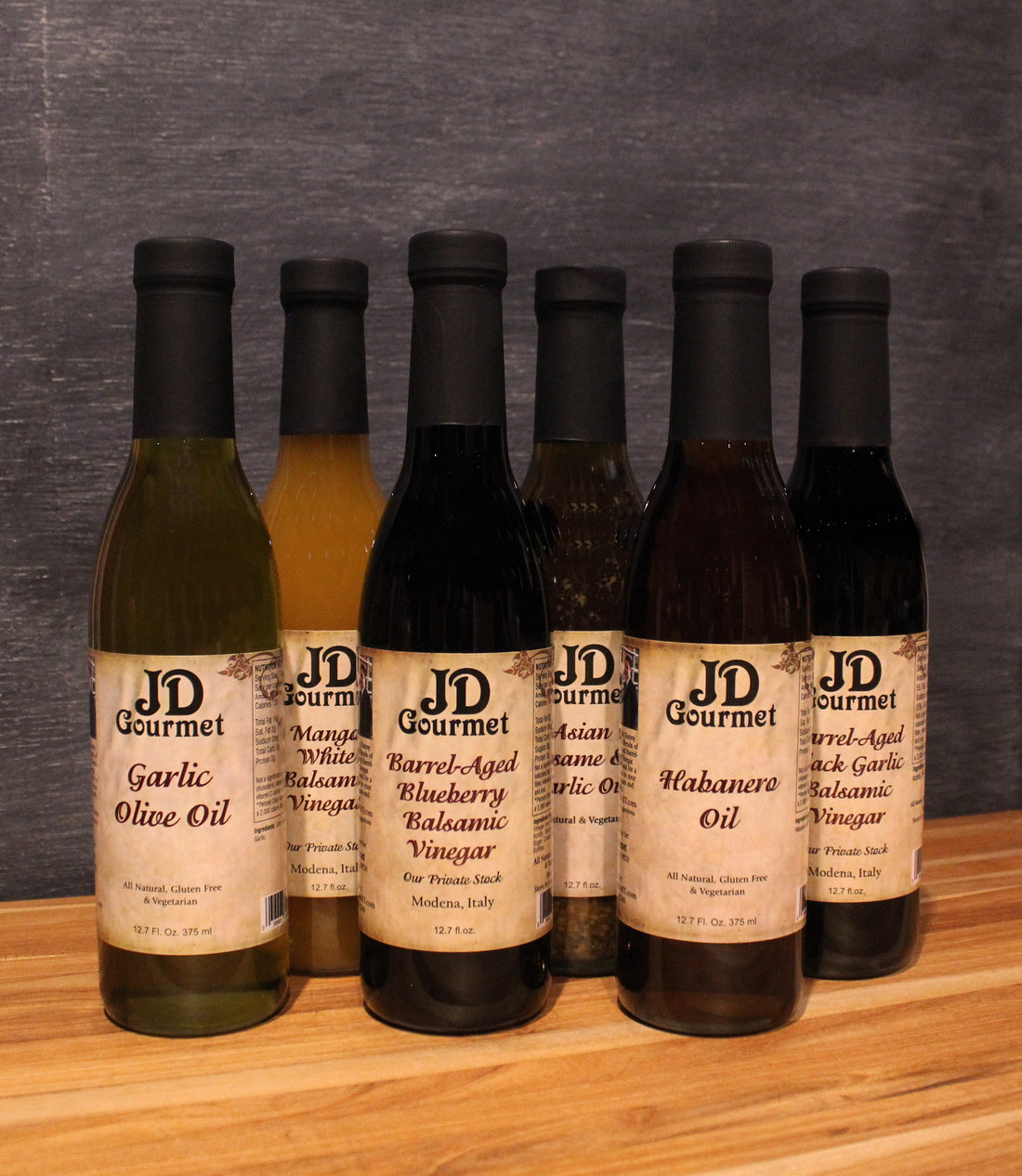 JD Gourmet Ultimate Six Bottle Sampler gift set of six 12.7 oz balsamic vinegar and olive oil bottles