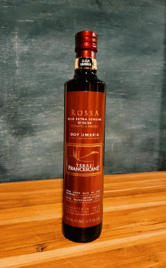 Bottle of Terre Francescane Rossa DOP extra virgin olive oil, cold-pressed Italian estate oil