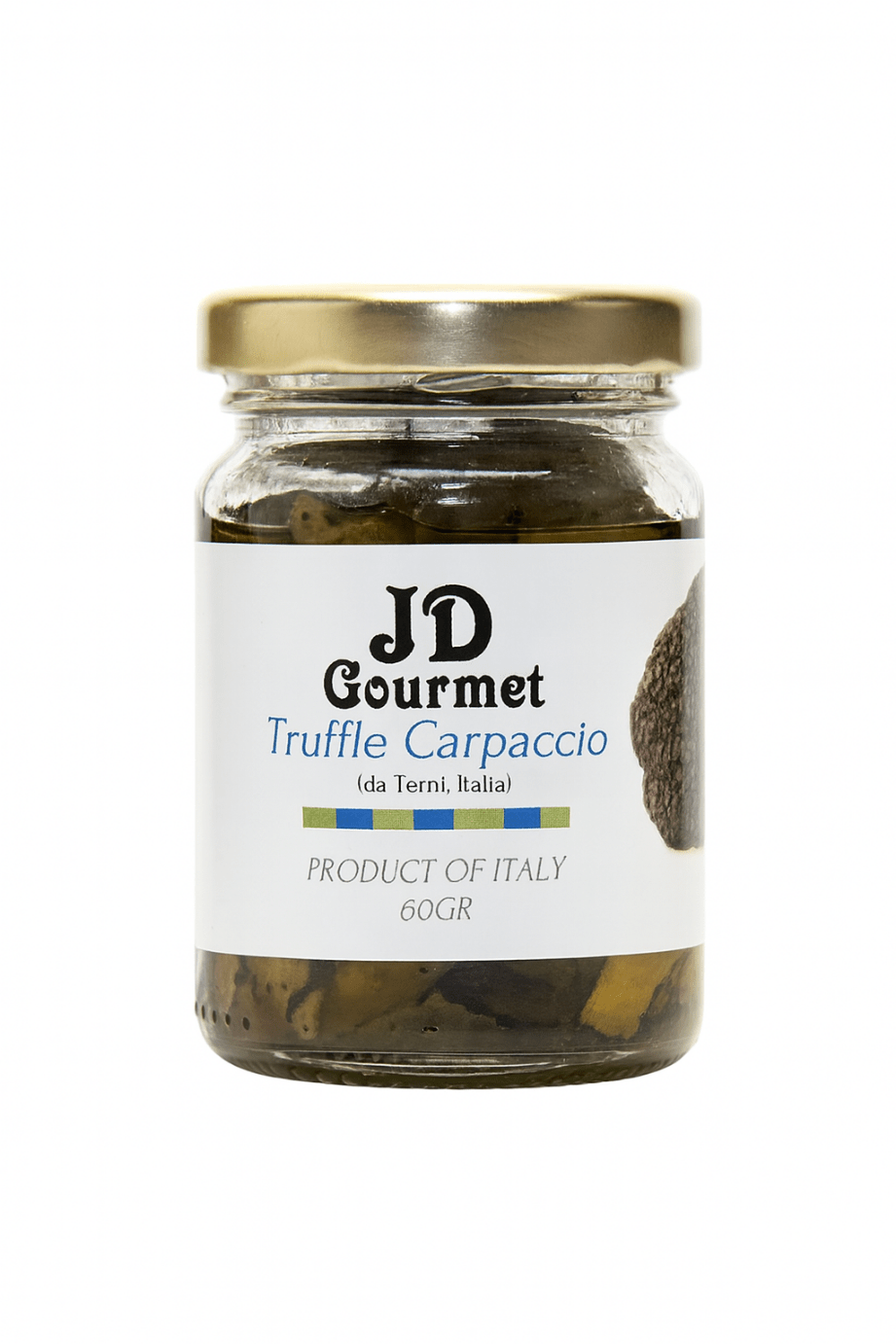 Jar of JD Gourmet Truffle Carpaccio, black summer truffle slices suspended in extra virgin olive oil