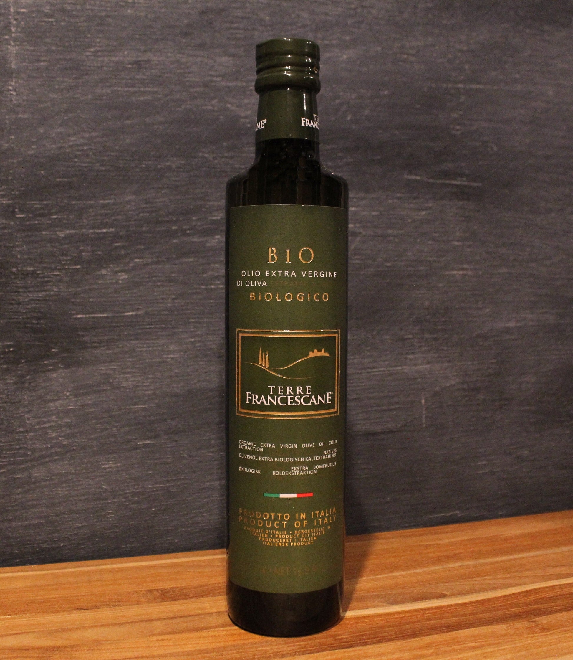 Bottle of Terre Francescane Bio organic Italian extra virgin olive oil, cold-pressed and medium fruity