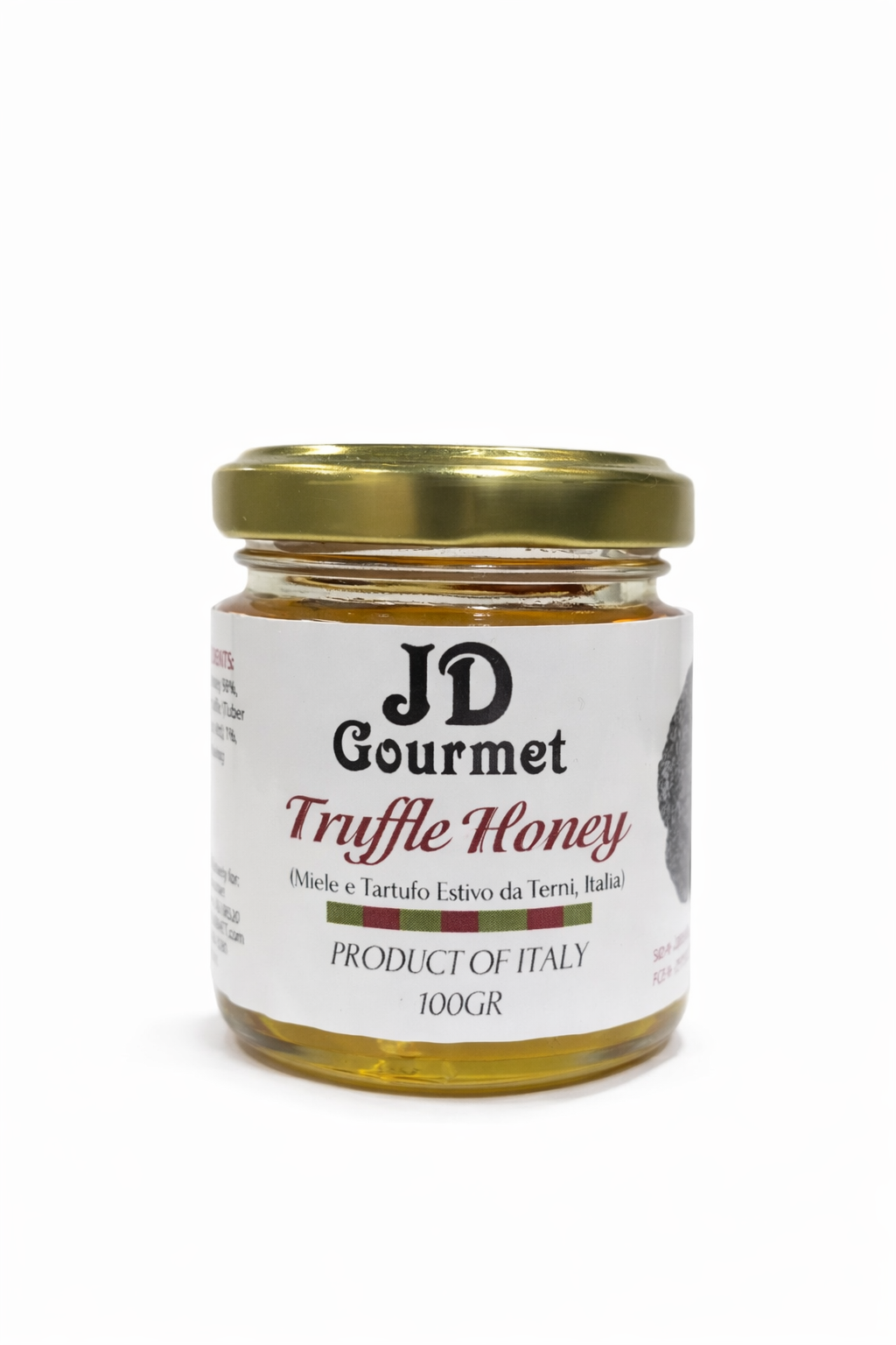 Jar of JD Gourmet Truffle Honey, golden Italian acacia honey infused with black summer truffle
