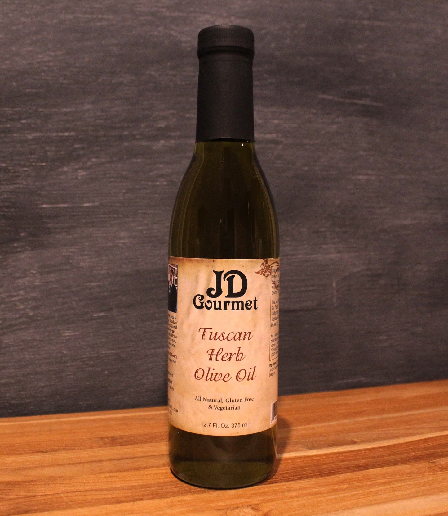 JD Gourmet Tuscan Herb Extra Virgin Olive Oil bottle, Italian olive oil infused with basil oregano rosemary