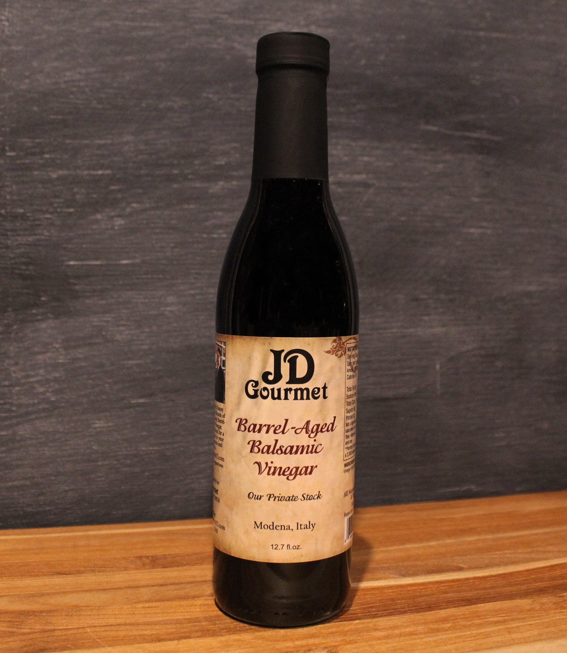 Bottle of JD Gourmet Barrel-Aged Balsamic Vinegar, traditional Private Stock from Modena
