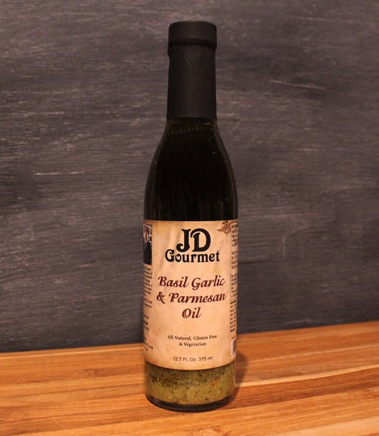 Bottle of JD Gourmet Basil Garlic & Parmesan extra virgin olive oil blend