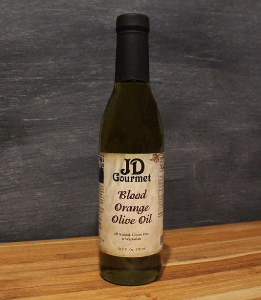 JD Gourmet Blood Orange Olive Oil bottle, citrus-infused Italian extra virgin olive oil