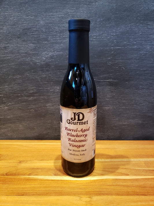 JD Gourmet Blueberry Balsamic Vinegar bottle, balsamic vinegar blended with real blueberry puree