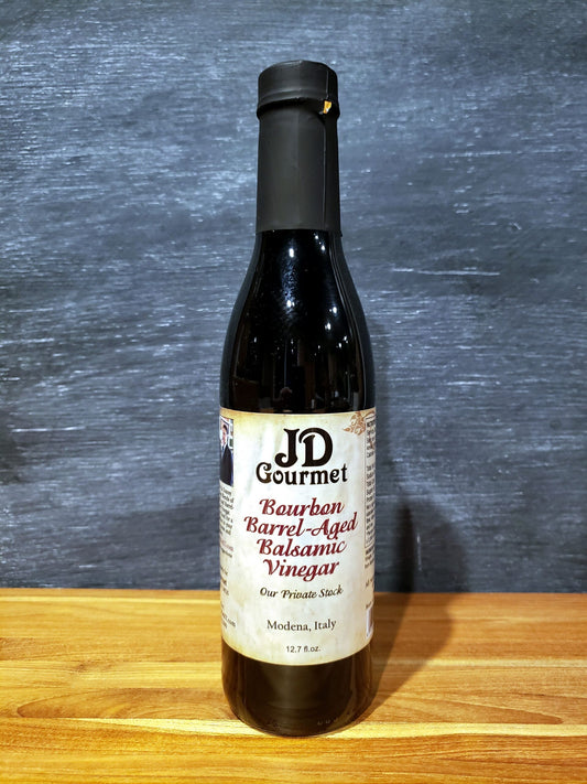 JD Gourmet Bourbon Barrel Aged Balsamic Vinegar Private Stock bottle, dark balsamic aged in a bourbon barrel
